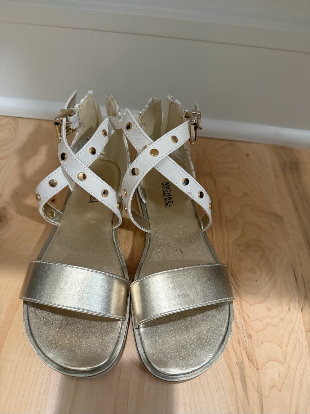Michael Kors White and Gold Cross-Strap Flat Sandals